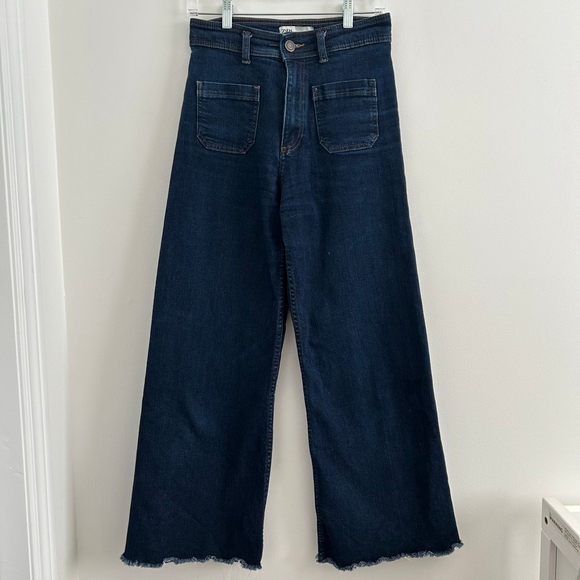 ZARA High Rise Wide Leg Marine Patch Pocket Jeans Cropped Size 6 - Picture 3 of 12